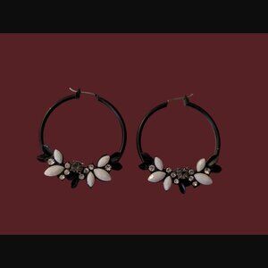 Vintage 90s Japanned And Floral Diamante Hoop 1.5" Earrings